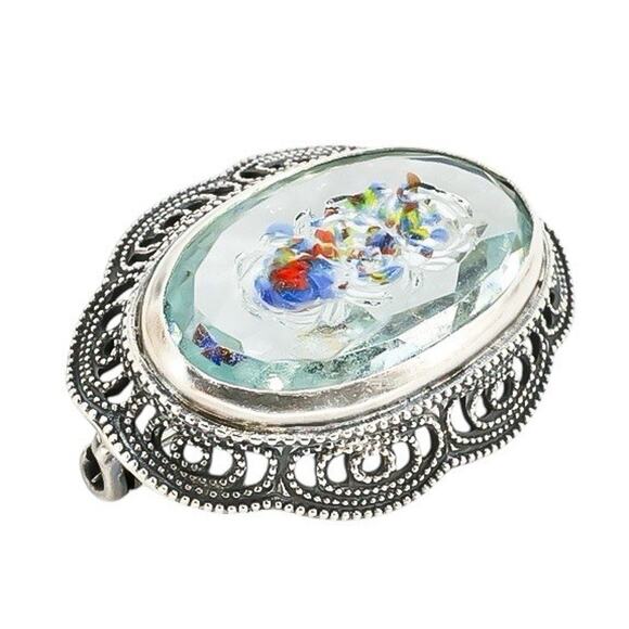 Czech Glass Reverse Carved Poured Glass Embedded Lampwork Brooch In Sterling - Picture 3 of 7